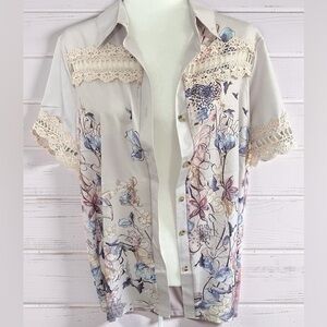Boho Floral Eyelet Lace Trim Button Down Summer Blouse Women’s Size XXL NWOT
